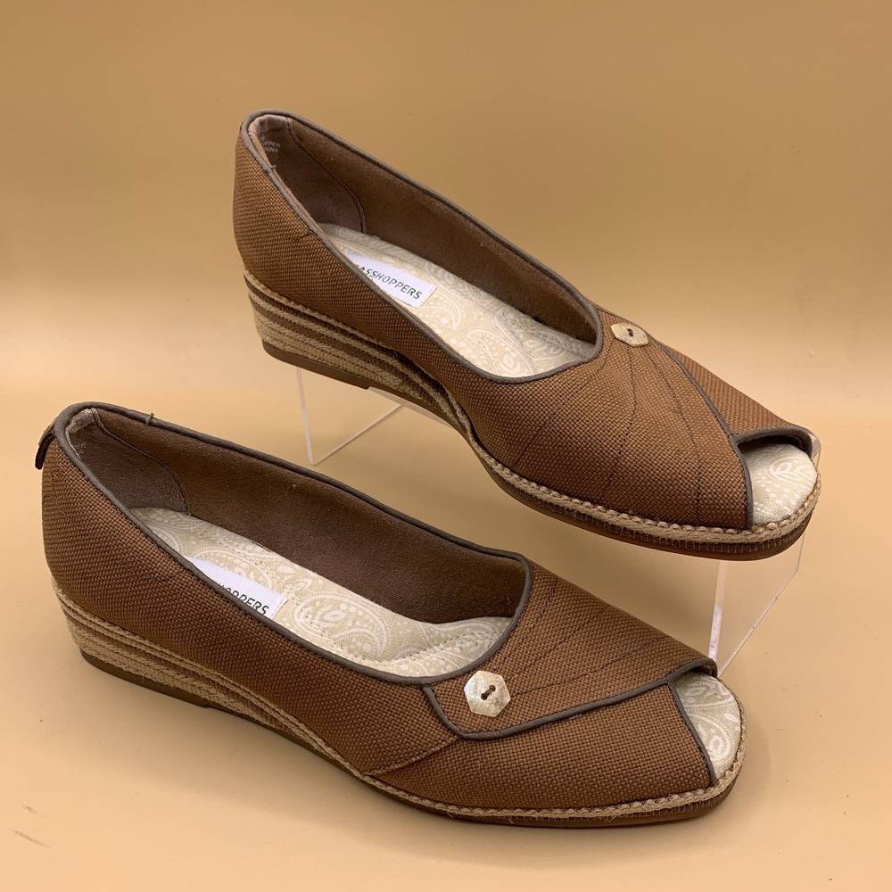 Grasshoppers Brown Canvas Low Wedge Slip On Shoes Peep-toe - Size 7.5